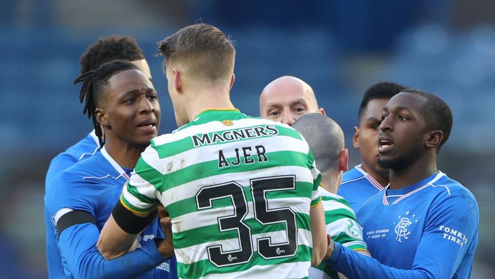 GLASGOW, SCOTLAND - JANUARY 02: Joe Aribo of Rangers reacts with Kristopher Ajer of Celtic during the Ladbrokes Scottish Premiership match between Rangers and Celtic at Ibrox Stadium on January 02, 2021 in Glasgow, Scotland. The match will be played without fans, behind closed doors as a Covid-19 precaution. (Photo by Ian MacNicol/Getty Images) GLASGOW, SCOTLAND - JANUARY 02: Joe Aribo of Rangers reacts with Kristopher Ajer of Celtic during the Ladbrokes Scottish Premiership match between Rangers and Celtic at Ibrox Stadium on January 02, 2021 in Glasgow, Scotland. The match will be played without fans, behind closed doors as a Covid-19 precaution. (Photo by Ian MacNicol/Getty Images)