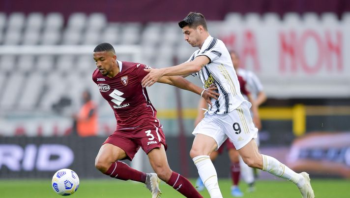 TURIN, ITALY - APRIL 03: Alvaro Morata of Juventus is challenged by Bremer of Torino FC during the Serie A match between Torino FC and Juventus at Stadio Olimpico di Torino on April 03, 2021 in Turin, Italy. Sporting stadiums around Italy remain under strict restrictions due to the Coronavirus Pandemic as Government social distancing laws prohibit fans inside venues resulting in games being played behind closed doors. (Photo by Daniele Badolato - Juventus FC/Juventus FC via Getty Images) TURIN, ITALY - APRIL 03: Alvaro Morata of Juventus is challenged by Bremer of Torino FC during the Serie A match between Torino FC and Juventus at Stadio Olimpico di Torino on April 03, 2021 in Turin, Italy. Sporting stadiums around Italy remain under strict restrictions due to the Coronavirus Pandemic as Government social distancing laws prohibit fans inside venues resulting in games being played behind closed doors. (Photo by Daniele Badolato - Juventus FC/Juventus FC via Getty Images)