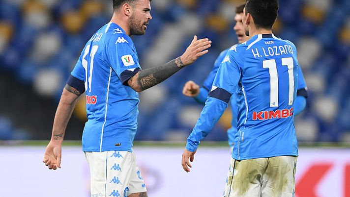 NAPLES, ITALY - JANUARY 13: Andrea Petagna of S.S.C. Napoli celebrates with teammate Hirving Lozano after scoring their team's third goal during the Coppa Italia match between SSC Napoli and Empoli FC at Stadio Diego Armando Maradona on January 13, 2021 in Naples, Italy. Sporting stadiums around Italy remain under strict restrictions due to the Coronavirus Pandemic as Government social distancing laws prohibit fans inside venues resulting in games being played behind closed doors. (Photo by Francesco Pecoraro/Getty Images) NAPLES, ITALY - JANUARY 13: Andrea Petagna of S.S.C. Napoli celebrates with teammate Hirving Lozano after scoring their team's third goal during the Coppa Italia match between SSC Napoli and Empoli FC at Stadio Diego Armando Maradona on January 13, 2021 in Naples, Italy. Sporting stadiums around Italy remain under strict restrictions due to the Coronavirus Pandemic as Government social distancing laws prohibit fans inside venues resulting in games being played behind closed doors. (Photo by Francesco Pecoraro/Getty Images)