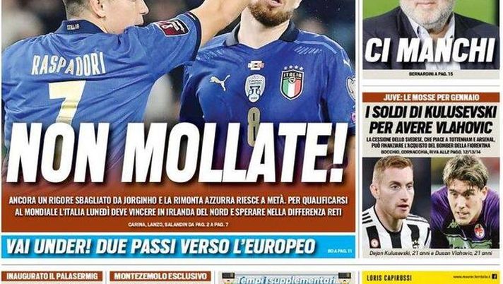 Prima Pagina, Tuttosport: “Non mollate! 1-1 con la Svizzera. Belfast decisiva” - immagine 1
