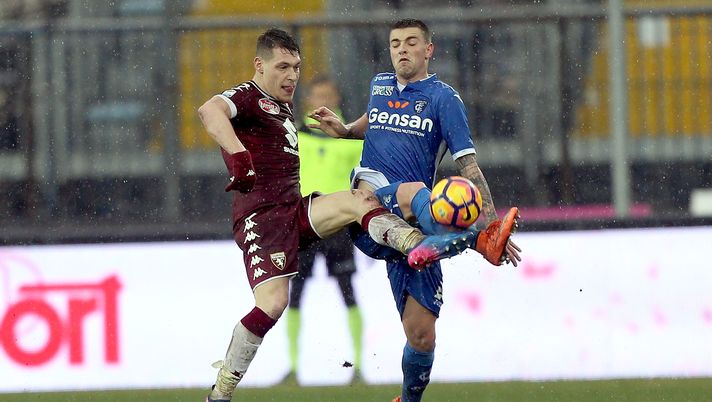 EMPOLI, ITALY - FEBRUARY 05: Frederic Veseli of Empoli Fc in action against Andrea Belotti of FC Torino during the Serie A match between Empoli FC and FC Torino at Stadio Carlo Castellani on February 5, 2017 in Empoli, Italy.  (Photo by Gabriele Maltinti/Getty Images) 