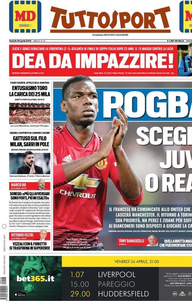 Prima Pagina, Tuttosport: “Pogba, scegli: Juve o Real. Dea da impazzire! Gattuso sul filo” Prima Pagina, Tuttosport: “Pogba, scegli: Juve o Real. Dea da impazzire! Gattuso sul filo”