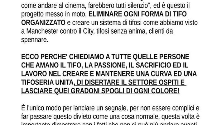 L'appello della Curva Nord Bergamo su Facebook L'appello della Curva Nord Bergamo su Facebook