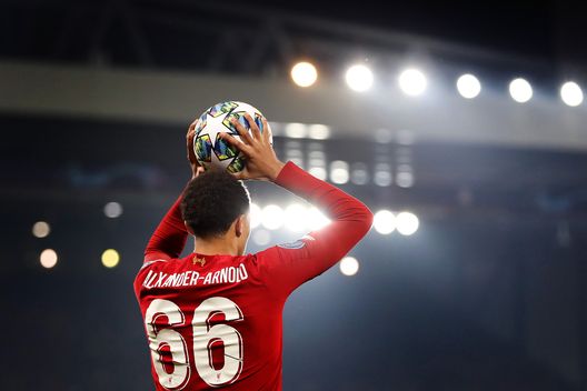 LIVERPOOL, ENGLAND - NOVEMBER 05: Trent Alexander-Arnold of Liverpool takes a throw-in during to the UEFA Champions League group E match between Liverpool FC and KRC Genk at Anfield on November 05, 2019 in Liverpool, United Kingdom. (Photo by Alex Pantling/Getty Images) LIVERPOOL, ENGLAND - NOVEMBER 05: Trent Alexander-Arnold of Liverpool takes a throw-in during to the UEFA Champions League group E match between Liverpool FC and KRC Genk at Anfield on November 05, 2019 in Liverpool, United Kingdom. (Photo by Alex Pantling/Getty Images)
