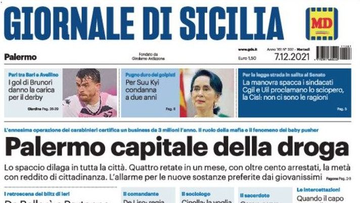 Prima Pagina, Giornale di Sicilia: “I gol di Brunori danno la carica per il derby” Prima Pagina