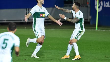 EIBAR, SPAIN - SEPTEMBER 30: Lucas Boye of Elche CF celebrates after scoring his sides first goal  during the La Liga Santander match between SD Eibar and Elche CF at Estadio Municipal de Ipurua on September 30, 2020 in Eibar, Spain. Football Stadiums around Europe remain empty due to the Coronavirus Pandemic as Government social distancing laws prohibit fans inside venues resulting in fixtures being played behind closed doors. (Photo by Juan Manuel Serrano Arce/Getty Images)