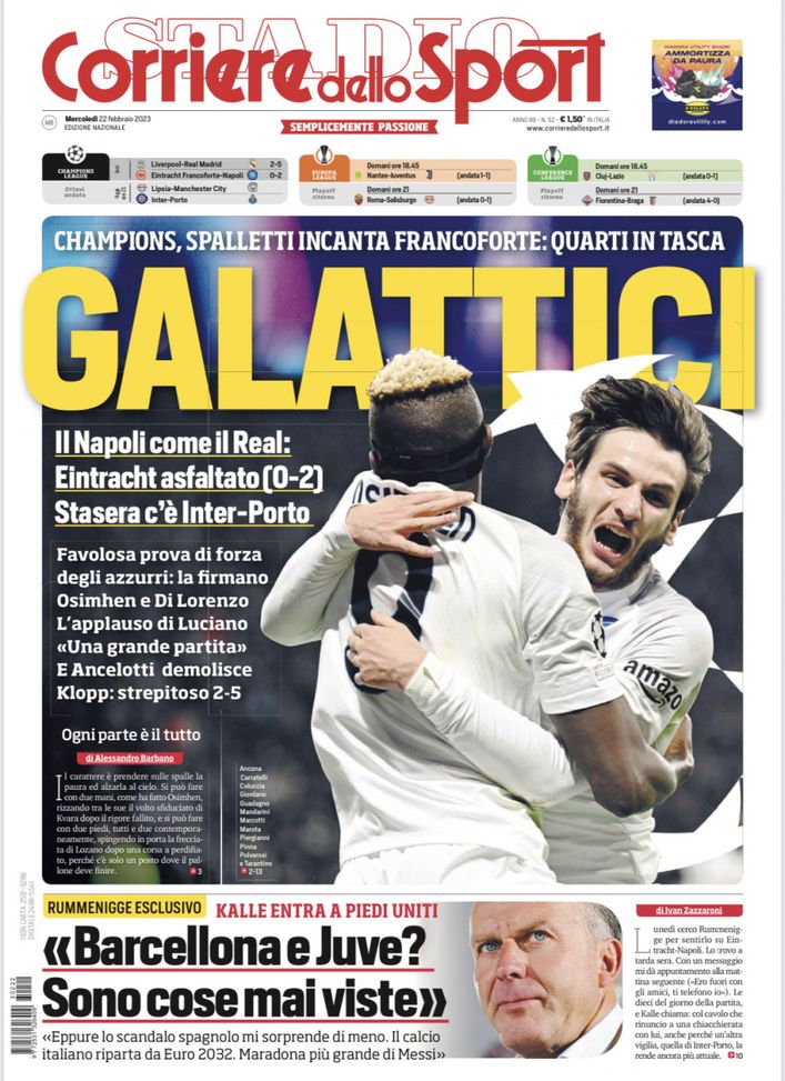 EDICOLA CDS – Napoli e Real Madrid galattici. Stasera c’è Inter-Porto - immagine 1