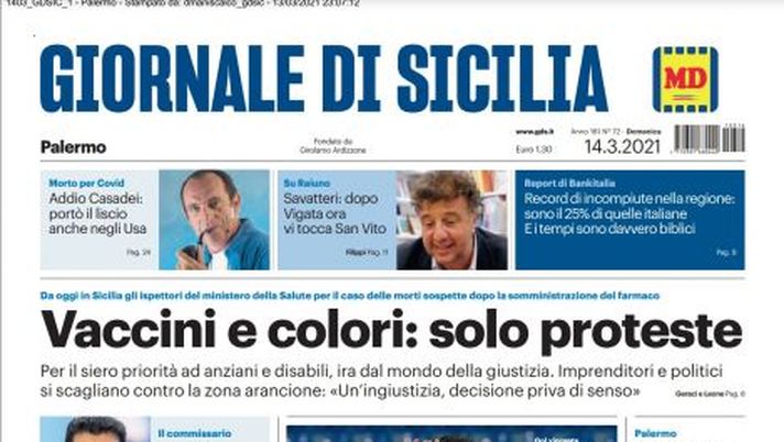 Prima Pagina, Giornale di Sicilia: &#8220;Vaccini e colori: solo proteste. Floriano-gol regala sprint al Palermo&#8221; 
