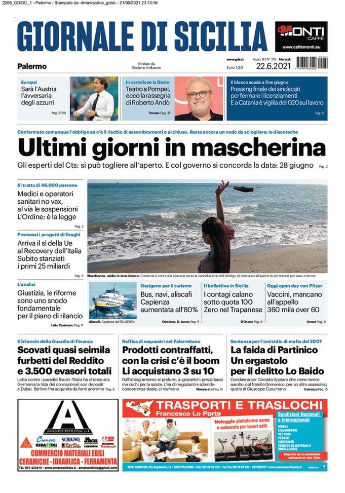 Prima Pagina, Giornale di Sicilia: “Ultimi giorni in mascherina. Austria avversaria degli azzurri”  Prima Pagina, Giornale di Sicilia: “Ultimi giorni in mascherina. Austria avversaria degli azzurri”
