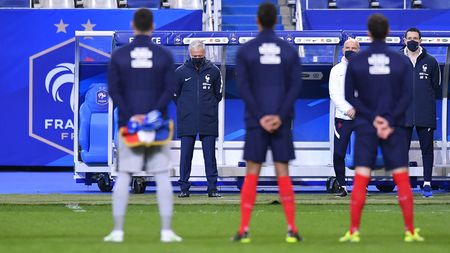 PARIS, FRANCE - MARCH 24: Didier Deschamps, Head Coach of France stands for the national anthems prior to the FIFA World Cup 2022 Qatar qualifying match between France and Ukraine on March 24, 2021 in Paris, France. Sporting stadiums around France remain under strict restrictions due to the Coronavirus Pandemic as Government social distancing laws prohibit fans inside venues resulting in games being played behind closed doors. (Photo by Aurelien Meunier/Getty Images)