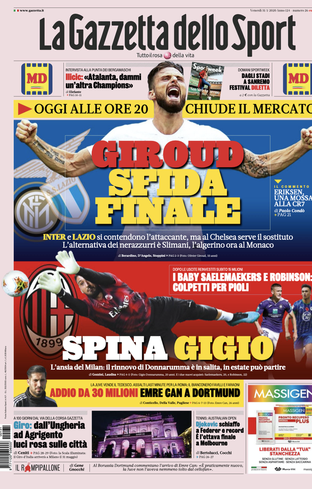 LE PRIME PAGINE DEI QUOTIDIANI SPORTIVI DEL 31.1