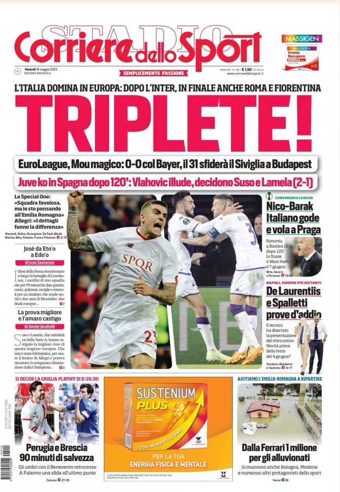 EDICOLA / CdS: Triplete, l’Italia domina. Dopo l’Inter in finale Roma e Fiorentina - immagine 1