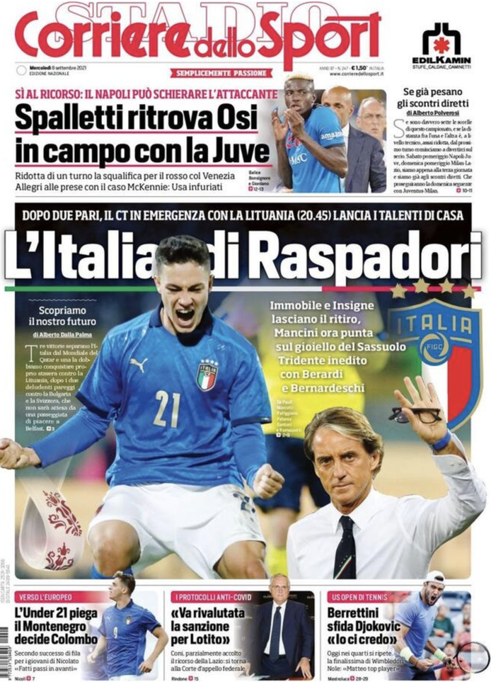 Prima Pagina, Corriere dello Sport: “L’Italia di Raspadori. Allegri, caso Mckennie” Prima Pagina, Corriere dello Sport: “L’Italia di Raspadori. Allegri, caso Mckennie”