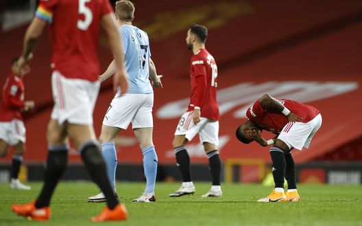 MANCHESTER, ENGLAND - DECEMBER 12: Fred of Manchester United reacts during the Premier League match between Manchester United and Manchester City at Old Trafford on December 12, 2020 in Manchester, England. The match will be played without fans, behind closed doors as a Covid-19 precaution. (Photo by Phil Noble - Pool/Getty Images) MANCHESTER, ENGLAND - DECEMBER 12: Fred of Manchester United reacts during the Premier League match between Manchester United and Manchester City at Old Trafford on December 12, 2020 in Manchester, England. The match will be played without fans, behind closed doors as a Covid-19 precaution. (Photo by Phil Noble - Pool/Getty Images)
