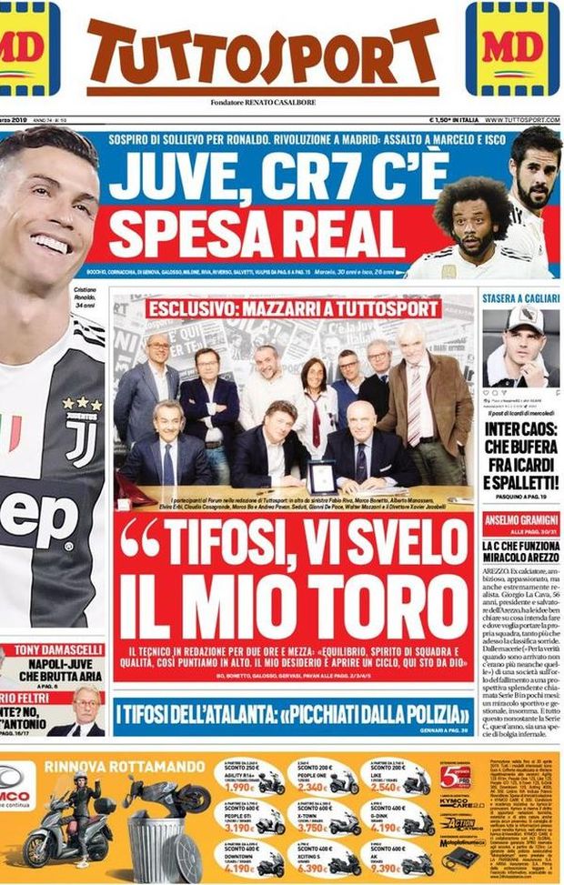 Prima Pagina, Tuttosport: “I tifosi dell’Atalanta: ‘Picchiati dalla polizia’. Juve, CR7 c’è. Inter caos: che bufera…” Prima Pagina, Tuttosport: “I tifosi dell’Atalanta: ‘Picchiati dalla polizia’. Juve, CR7 c’è. Inter caos: che bufera…”