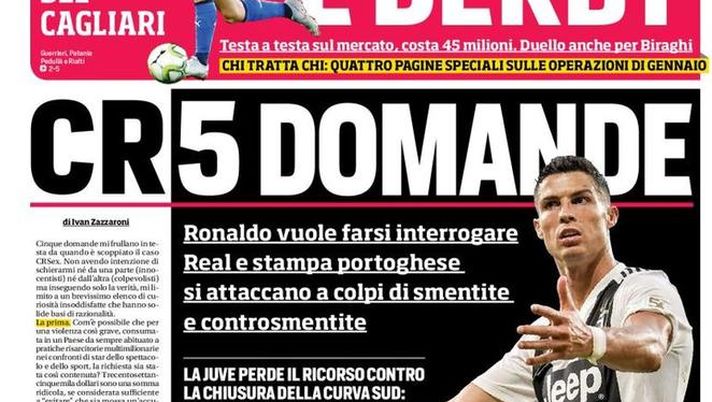 Prima Pagina, Corriere dello Sport: “CR5 domande. Barella, è derby. Napoli, torna Meret…”  Prima Pagina, Corriere dello Sport: “CR5 domande. Barella, è derby. Napoli, torna Meret…”