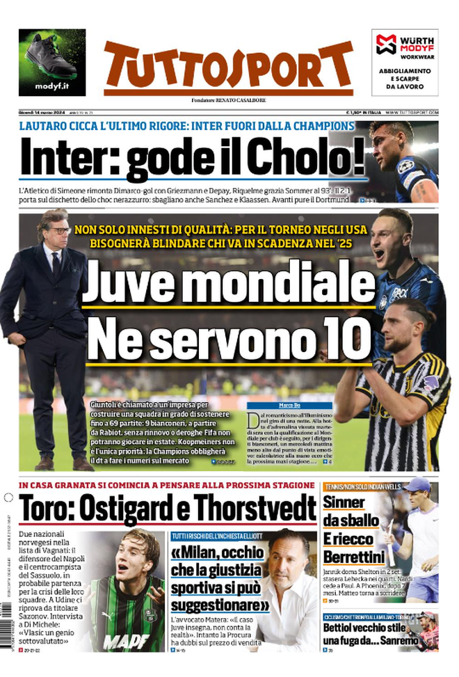 La prima pagina de Tuttosport 14/03/2024