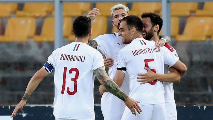 L'esultanza dei rossoneri in Lecce-Milan per il gol di Samu Castillejo (credits: GETTY Images) 
