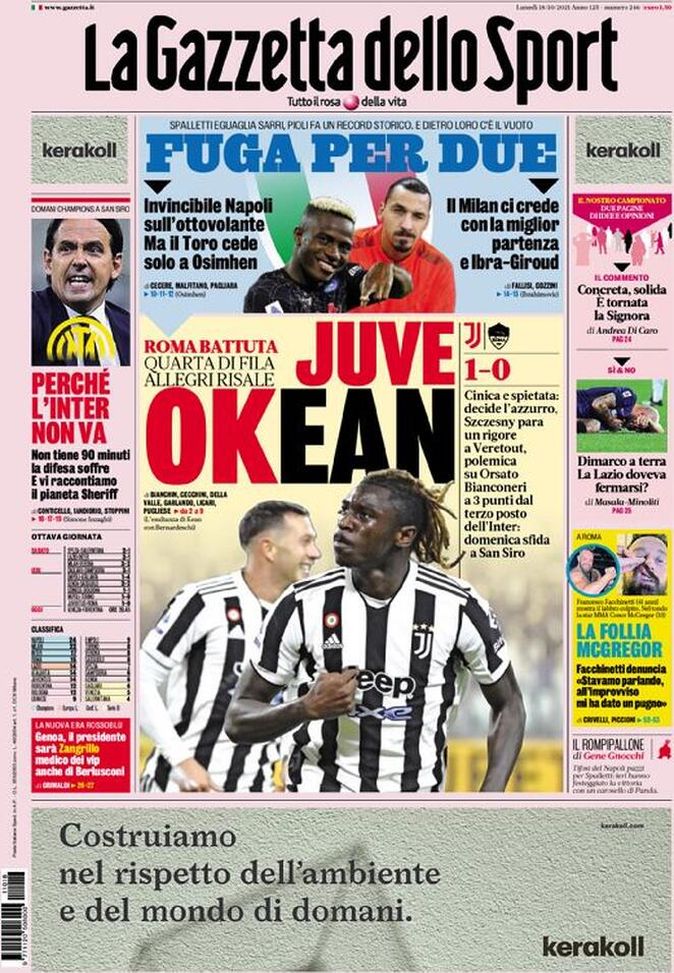 Prima Pagina, La Gazzetta dello Sport: “Fuga per due. Juve OKean!” - immagine 1