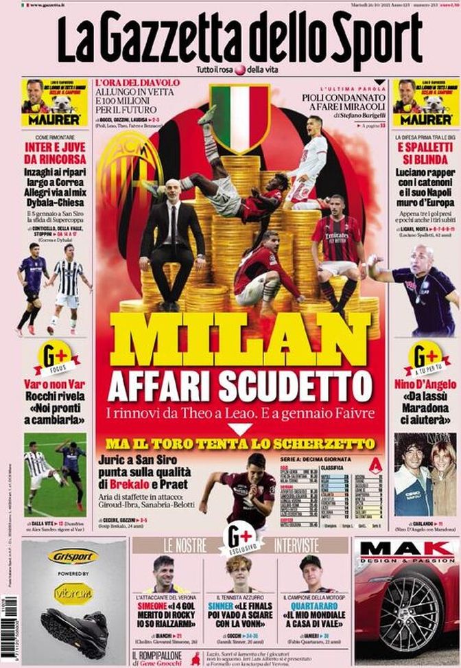 La Gazzetta dello Sport, la prima pagina di oggi, martedì 26 ottobre 2021