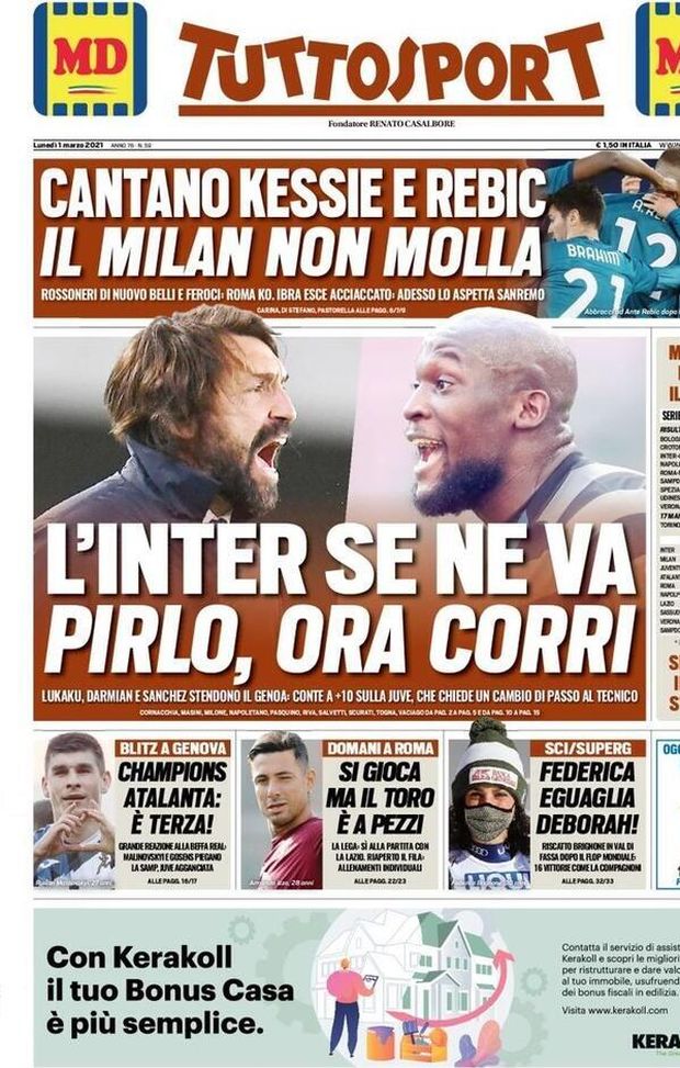Prima Pagina, Tuttosport: “L’Inter se ne va. Pirlo, ora corri! Cantano Kessie e Rebic, il Milan non molla” Prima Pagina, Tuttosport: “L’Inter se ne va. Pirlo, ora corri! Cantano Kessie e Rebic, il Milan non molla”