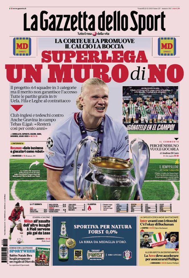 La prima pagina de La Gazzetta dello Sport 22/12/2023