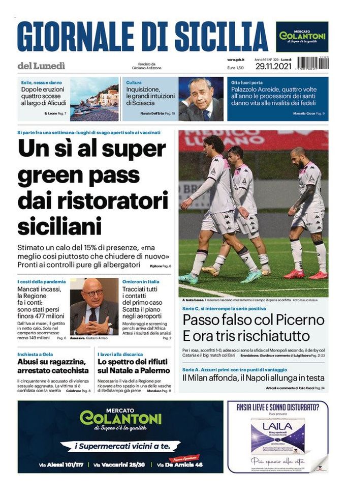 Prima Pagina, Giornale di Sicilia: “Sì al super green pass dai ristoratori siciliani”  Prima Pagina, Giornale di Sicilia: “Sì al super green pass dai ristoratori siciliani”
