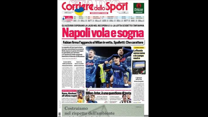 Prima Pagina, Corriere dello Sport: “Napoli vola e sogna. Milan-Inter…”  Prima Pagina