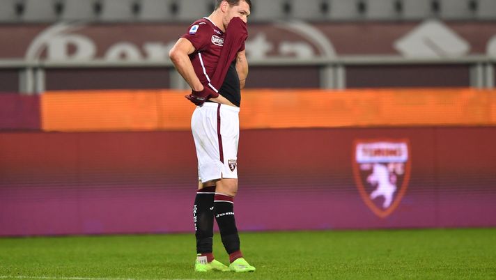TURIN, ITALY - JANUARY 16: Andrea Belotti of Torino reacts after the Serie A match between Torino FC and Spezia Calcio at Stadio Olimpico di Torino on January 16, 2021 in Turin, Italy. Sporting stadiums around Italy remain under strict restrictions due to the Coronavirus Pandemic as Government social distancing laws prohibit fans inside venues resulting in games being played behind closed doors. (Photo by Valerio Pennicino/Getty Images) TURIN, ITALY - JANUARY 16: Andrea Belotti of Torino reacts after the Serie A match between Torino FC and Spezia Calcio at Stadio Olimpico di Torino on January 16, 2021 in Turin, Italy. Sporting stadiums around Italy remain under strict restrictions due to the Coronavirus Pandemic as Government social distancing laws prohibit fans inside venues resulting in games being played behind closed doors. (Photo by Valerio Pennicino/Getty Images)