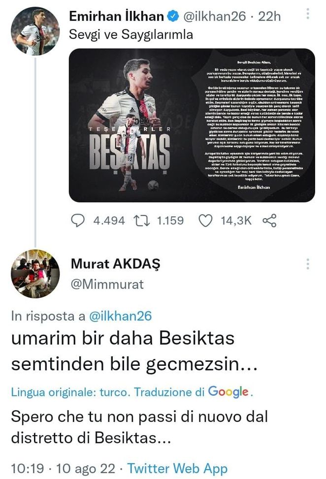 Torino-Ilkhan, in Turchia rabbia e minacce: “Non nominare più il Besiktas”- immagine 3
