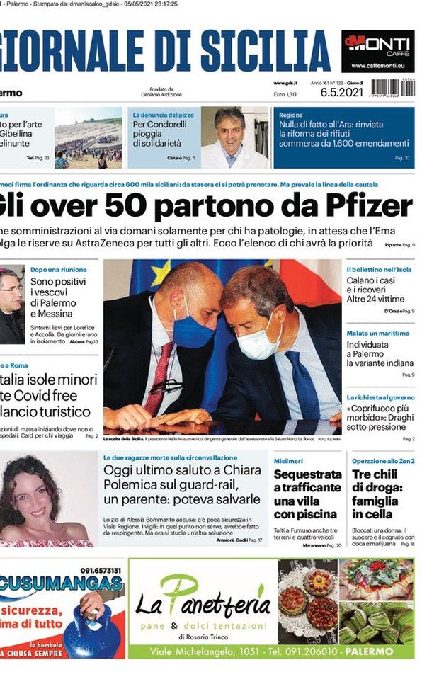 Prima Pagina, Giornale di Sicilia: “Gli over 50 partono da Pfizer. Oggi ultimo saluto a Chiara. Polemica sul guard-rail” Prima Pagina, Giornale di Sicilia: “Gli over 50 partono da Pfizer. Oggi ultimo saluto a Chiara. Polemica sul guard-rail”