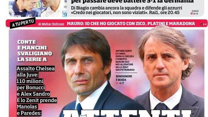 Prima Pagina, Corriere dello Sport: “Attenti a quei due. Conte e Mancini svaligiano la Serie A. L’Under cerca la grande impresa”  Prima Pagina, Corriere dello Sport: “Attenti a quei due. Conte e Mancini svaligiano la Serie A. L’Under cerca la grande impresa”