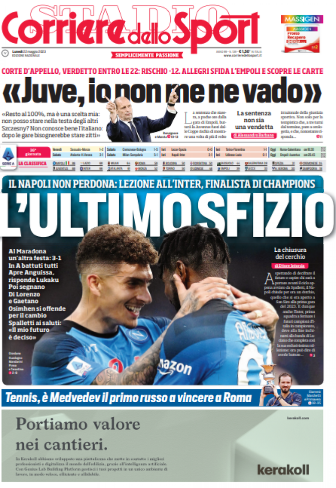 EDICOLA / CdS: Napoli, l’ultimo sfizio. Lezione all’Inter finalista in CL. La Juve… - immagine 1