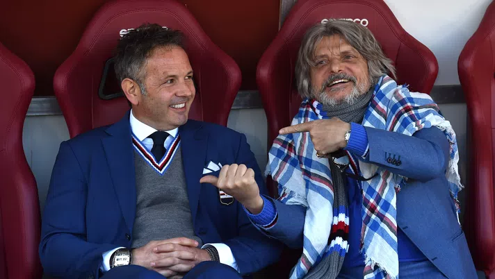 TURIN, ITALY - FEBRUARY 01:  UC Sampdoria head coach Sinisa Mihajlovic (L) and President Massimo Ferrero sit on the bench prior to the Serie A match between Torino FC and UC Sampdoria at Stadio Olimpico di Torino on February 1, 2015 in Turin, Italy.  (Photo by Valerio Pennicino/Getty Images)