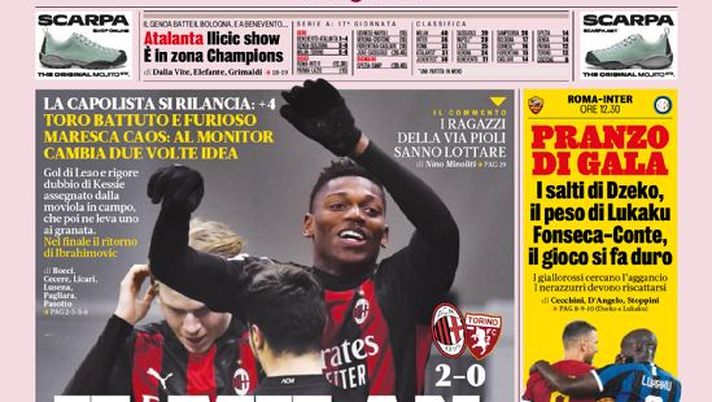 Prima Pagina, La Gazzetta dello Sport: &#8220;Il Milan Var: la capolista si rilancia. Alle 12.30 Roma-Inter&#8221; 