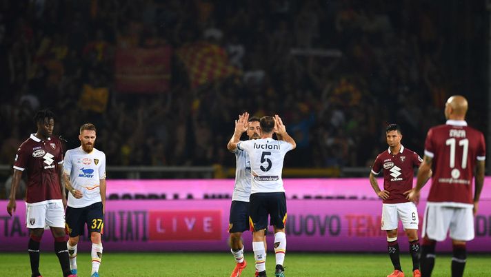 TURIN, ITALY - SEPTEMBER 16: Marco Mancosu (L) of US Lecce celebrates a goal with team mate Fabio Lucioni during the Serie A match between Torino FC and US Lecce at Stadio Olimpico di Torino on September 16, 2019 in Turin, Italy. (Photo by Valerio Pennicino/Getty Images) TURIN, ITALY - SEPTEMBER 16: Marco Mancosu (L) of US Lecce celebrates a goal with team mate Fabio Lucioni during the Serie A match between Torino FC and US Lecce at Stadio Olimpico di Torino on September 16, 2019 in Turin, Italy. (Photo by Valerio Pennicino/Getty Images)