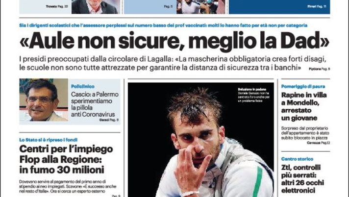 Prima Pagina, Giornale di Sicilia: “Aule non sicure, meglio la Dad” Prima Pagina, Giornale di Sicilia: “Aule non sicure, meglio la Dad”