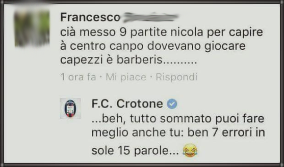 Botta e risposta tra tifoso del Crotone e società calabrese Botta e risposta tra tifoso del Crotone e società calabrese