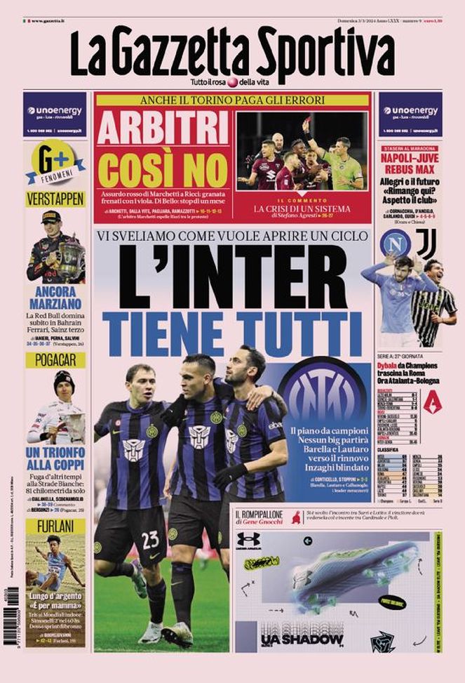 Prima Pagina Gazzetta dello Sport 03/03/2024