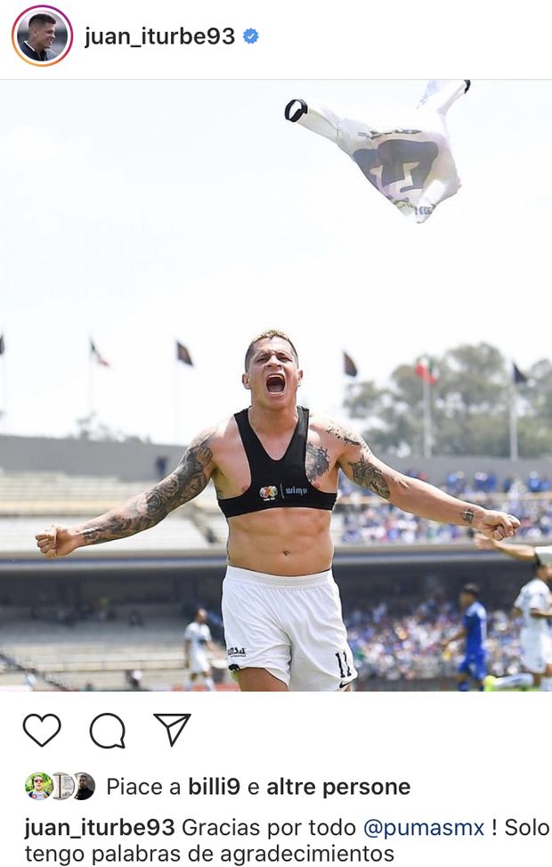 Il ringraziamento di Iturbe al Pumas su Instagram Il ringraziamento di Iturbe al Pumas su Instagram