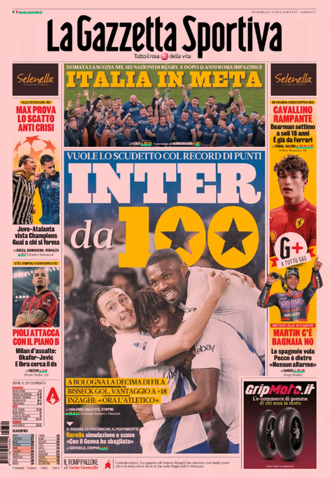 Prima Pagina Gazzetta dello Sport 10-03-2024