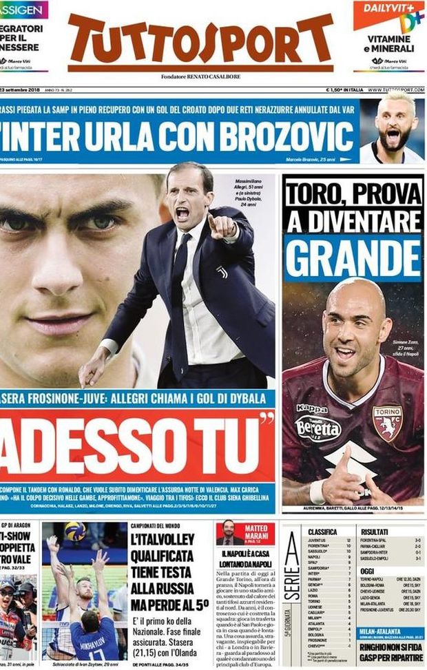 Prima Pagina, Tuttosport: “Adesso tu. L’Inter urla con Brozovic. Toro, prova a diventare grande…” Prima Pagina, Tuttosport: “Adesso tu. L’Inter urla con Brozovic. Toro, prova a diventare grande…”