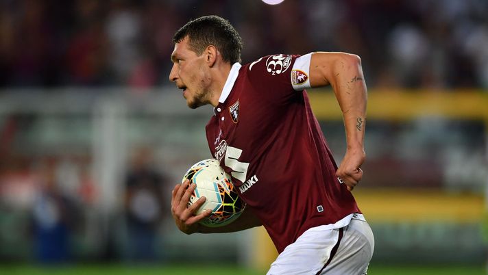 TURIN, ITALY - AUGUST 22:  Andrea Belotti of Torino celebrates after scoring the goal of his team during the UEFA Europa League Playoffs 1st Leg match between Torino and  Wolverhampton Wanderers at Stadio Olimpico on August 22, 2019 in Turin, Italy.  (Photo by Valerio Pennicino/Getty Images) 