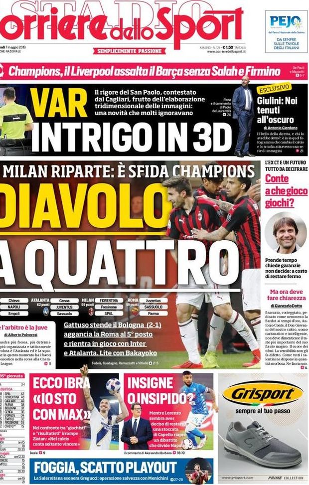 Prima Pagina, Corriere dello Sport: “Diavolo a quattro. Var, intrigo 3D. Insigne o Insipido?” Prima Pagina, Corriere dello Sport: “Diavolo a quattro. Var, intrigo 3D. Insigne o Insipido?”