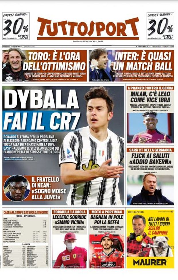Prima Pagina, Tuttosport: “Dybala, fai il CR7. Toro, è l’ora dell’ottimismo. Inter, è quasi un match ball” 