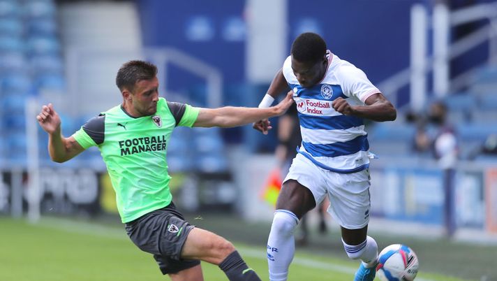 LONDON, ENGLAND - AUGUST 22: Bright Osayi-Samuel of Queens Park Rangers is challenged by Luke O'Neill of AFC Wimbledon during the Pre-Season Friendly between Queens Park Rangers and AFC Wimbledon at The Kiyan Prince Foundation Stadium on August 22, 2020 in London, England. (Photo by James Chance/Getty Images) LONDON, ENGLAND - AUGUST 22: Bright Osayi-Samuel of Queens Park Rangers is challenged by Luke O'Neill of AFC Wimbledon during the Pre-Season Friendly between Queens Park Rangers and AFC Wimbledon at The Kiyan Prince Foundation Stadium on August 22, 2020 in London, England. (Photo by James Chance/Getty Images)