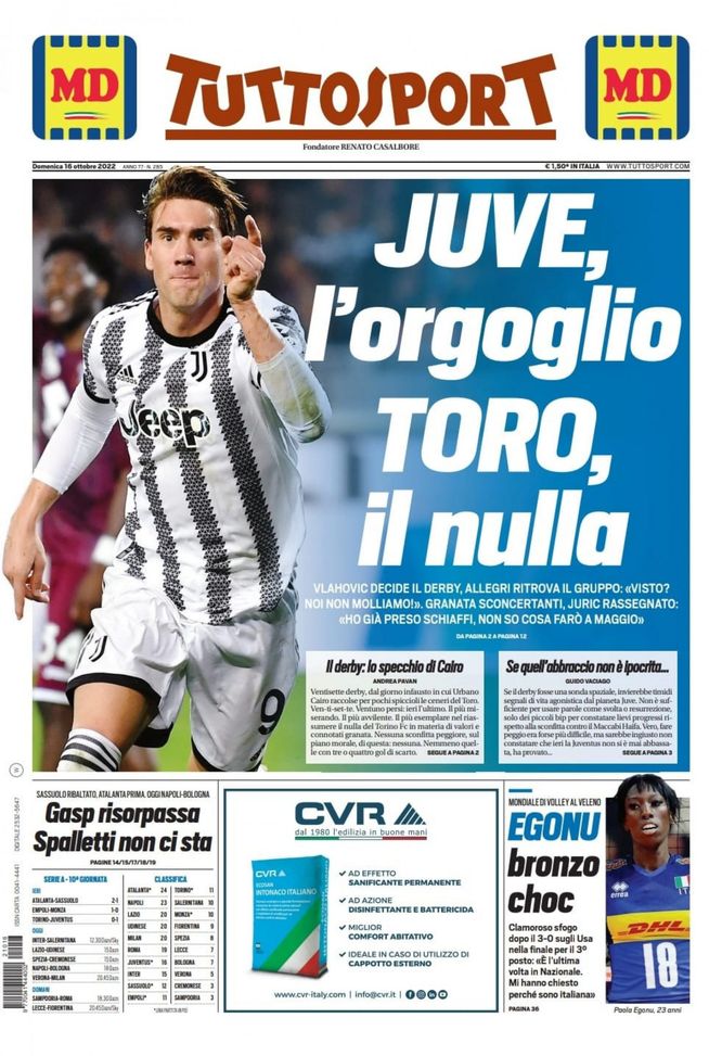 Tuttosport, la prima pagina di oggi, domenica 16 ottobre 2022