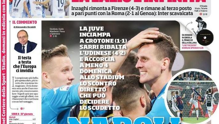 Prima Pagina, Corriere dello Sport: “Napoli, che sogno. La Juve inciampa a Crotone. Lazio infinita, terzo posto con la Roma e Inter scavalcata…” Prima Pagina, Corriere dello Sport: “Napoli, che sogno. La Juve inciampa a Crotone. Lazio infinita, terzo posto con la Roma e Inter scavalcata…”