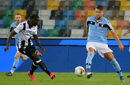 UDINE, ITALY - JULY 15: Sergej Milinkovic Savic of SS Lazio compete fot the ball withKen Sema of Udinese Calcio during the Serie A match between Udinese Calcio and SS Lazio at Stadio Friuli on July 15, 2020 in Udine, Italy. (Photo by Marco Rosi - SS Lazio/Getty Images) UDINE, ITALY - JULY 15: Sergej Milinkovic Savic of SS Lazio compete fot the ball withKen Sema of Udinese Calcio during the Serie A match between Udinese Calcio and SS Lazio at Stadio Friuli on July 15, 2020 in Udine, Italy. (Photo by Marco Rosi - SS Lazio/Getty Images)