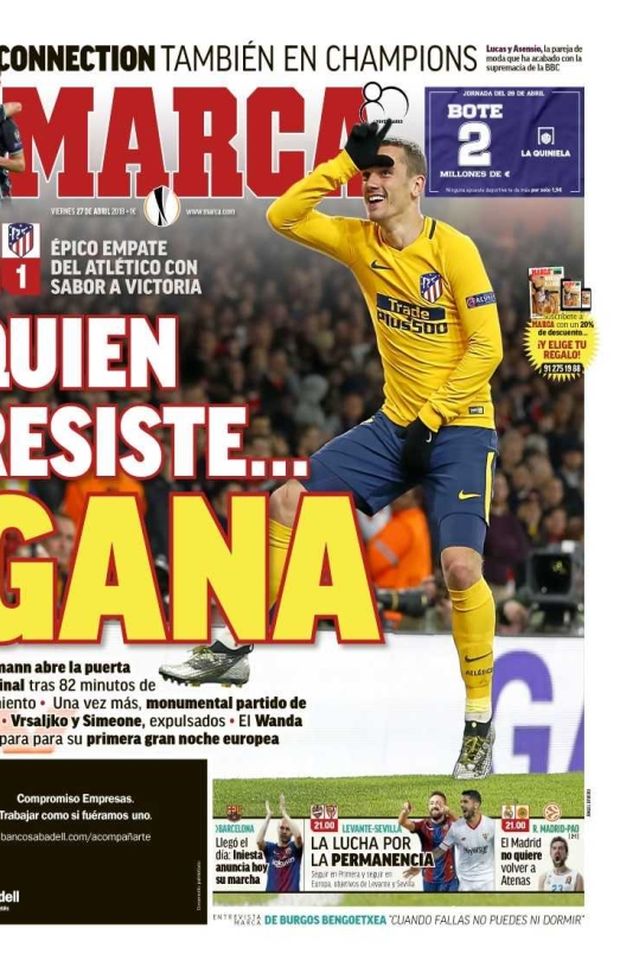 Prima Pagina, Marca: “Chi resiste…vince! Epico pareggio dell’Atletico. Lucas e Asensio: la coppia che ha spodestato la BBC. Barcellona: Iniesta annuncia il suo addio…” Prima Pagina, Marca: “Chi resiste…vince! Epico pareggio dell’Atletico. Lucas e Asensio: la coppia che ha spodestato la BBC. Barcellona: Iniesta annuncia il suo addio…”